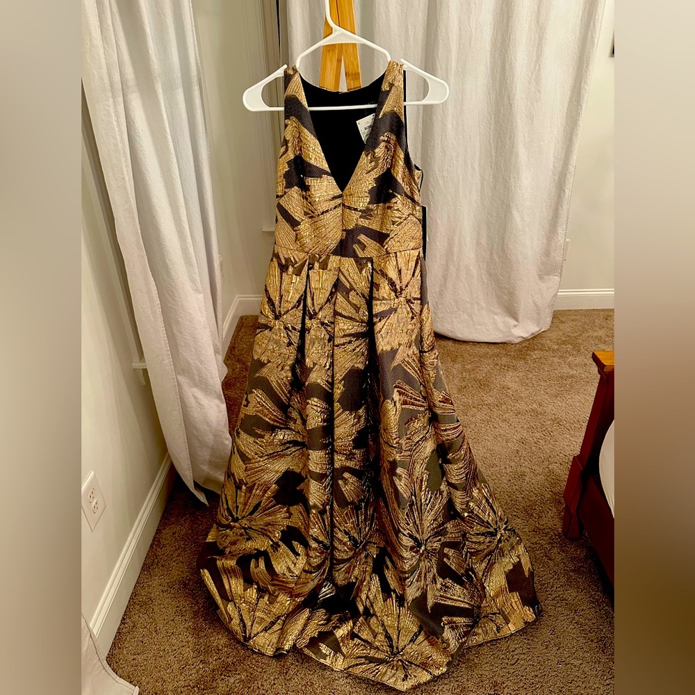 Black and gold ball gown dress.